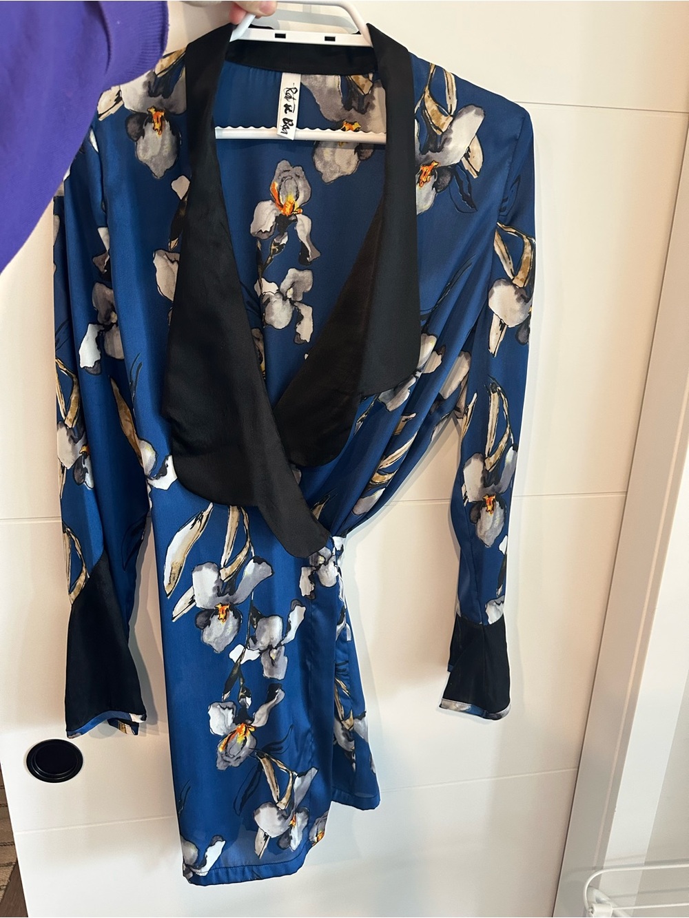 Rat & Boa Blue Floral Satin Wrap Dress with Black Trim